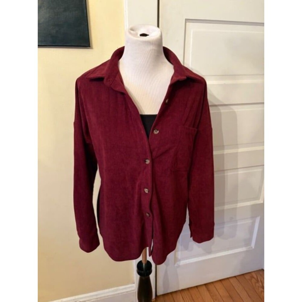 Corduroy cardigan Andres brand boutique soft burgundy collared front pocket